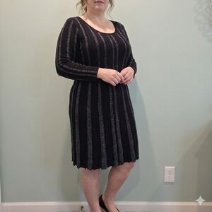 EST 1946 Black Knit Striped Dress With Shimmering Metallic Thread Large